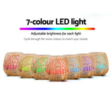 Wood grain LED diffuser with 7 color lights, adjustable brightness, mood lighting feature.