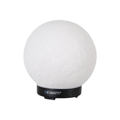 White spherical moon lamp with black base and control buttons, minimal modern design