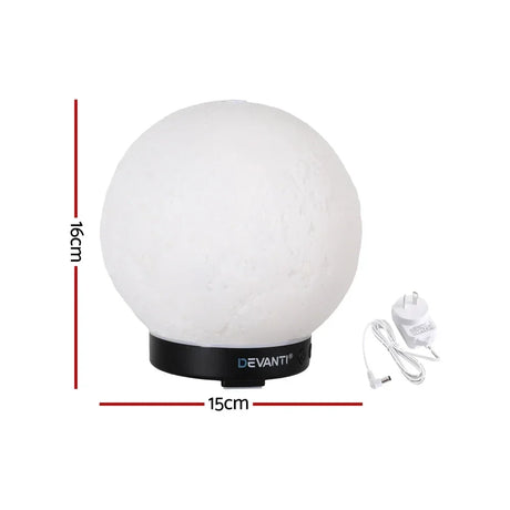 Round white table lamp with textured surface, 16cm tall, 15cm wide, black base, and power adapter