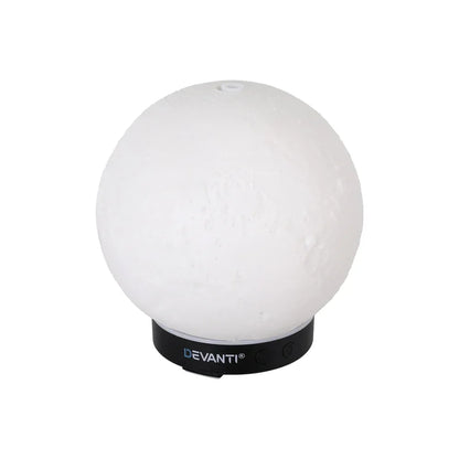 White spherical moon lamp humidifier with textured surface on a black base, Devanti logo visible.