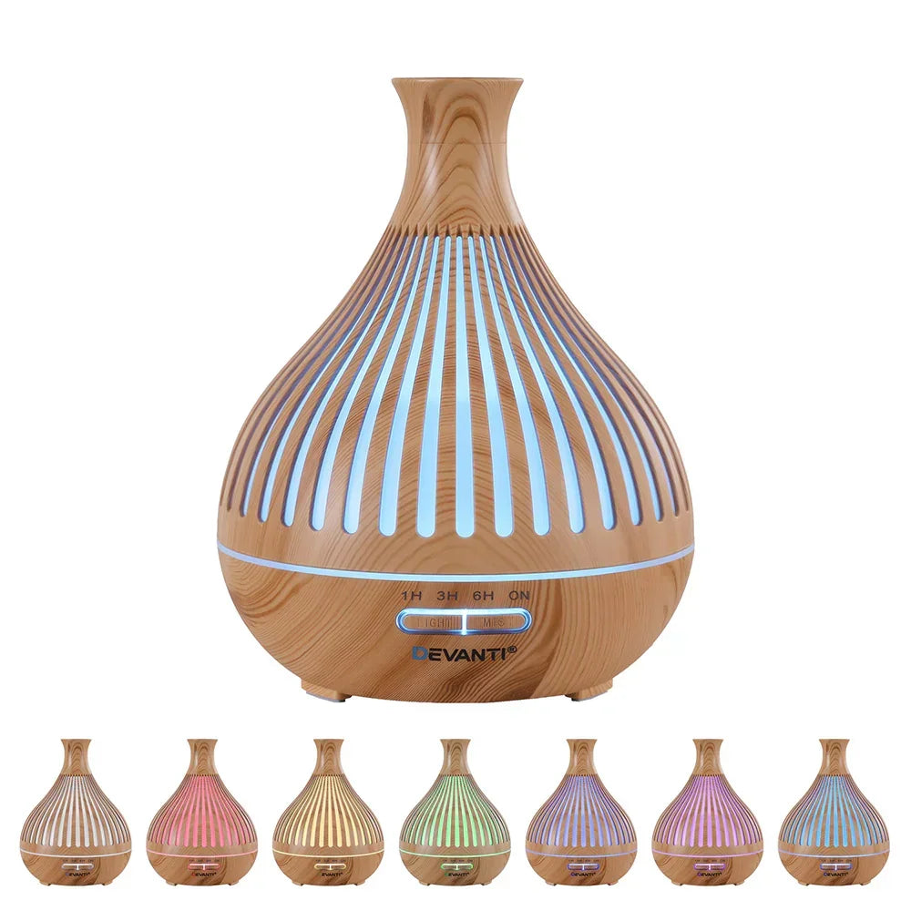 Wood grain LED aroma diffuser with adjustable color lights and timer settings