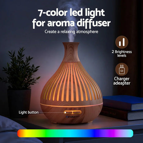 Wood grain 7-color LED aroma diffuser with steam, timer, and brightness controls on a table