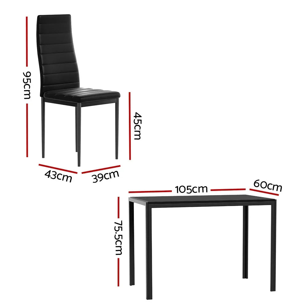 Modern black dining chair and rectangular table set with dimensions shown in centimeters.