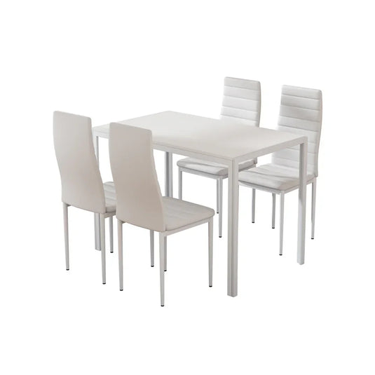 Modern white dining table set with four matching padded chairs on a white background