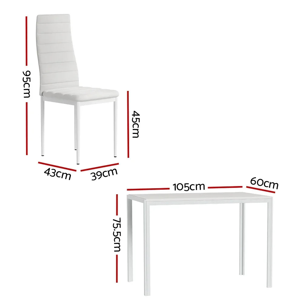 White dining chair and table set with dimensions in centimeters on plain background
