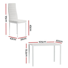 White dining chair and table set with dimensions in centimeters on plain background