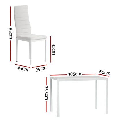 White dining chair and table set with dimensions in centimeters on plain background