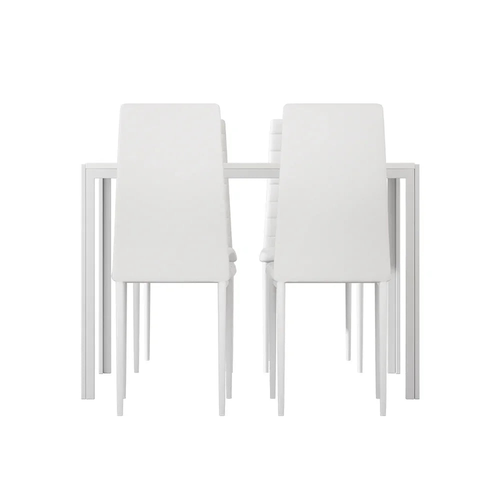 Modern white dining table set with six matching chairs, minimalist home furniture
