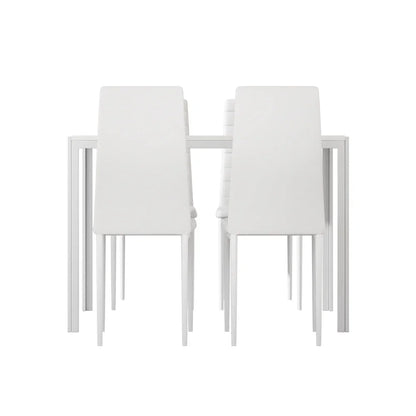 Modern white dining table set with six matching chairs, minimalist home furniture