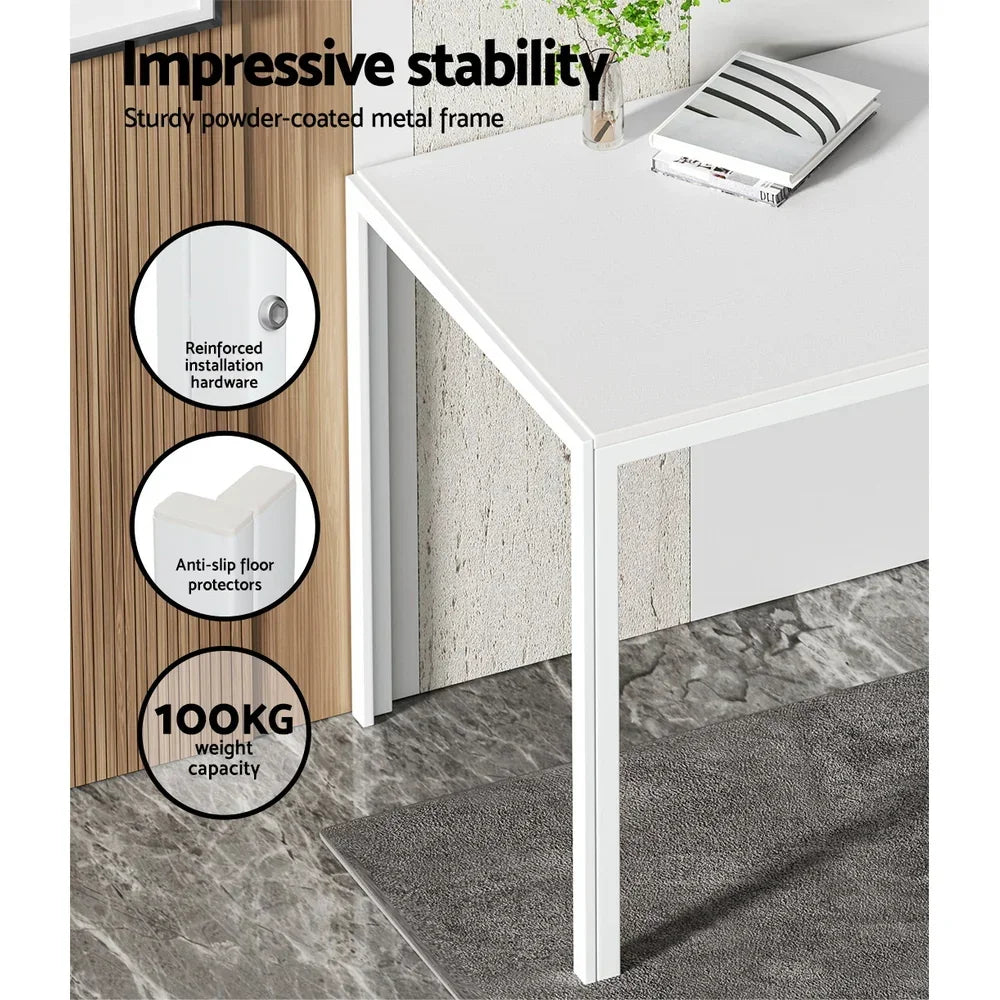 White dining table with metal frame, anti-slip floor protectors, and 100kg weight capacity