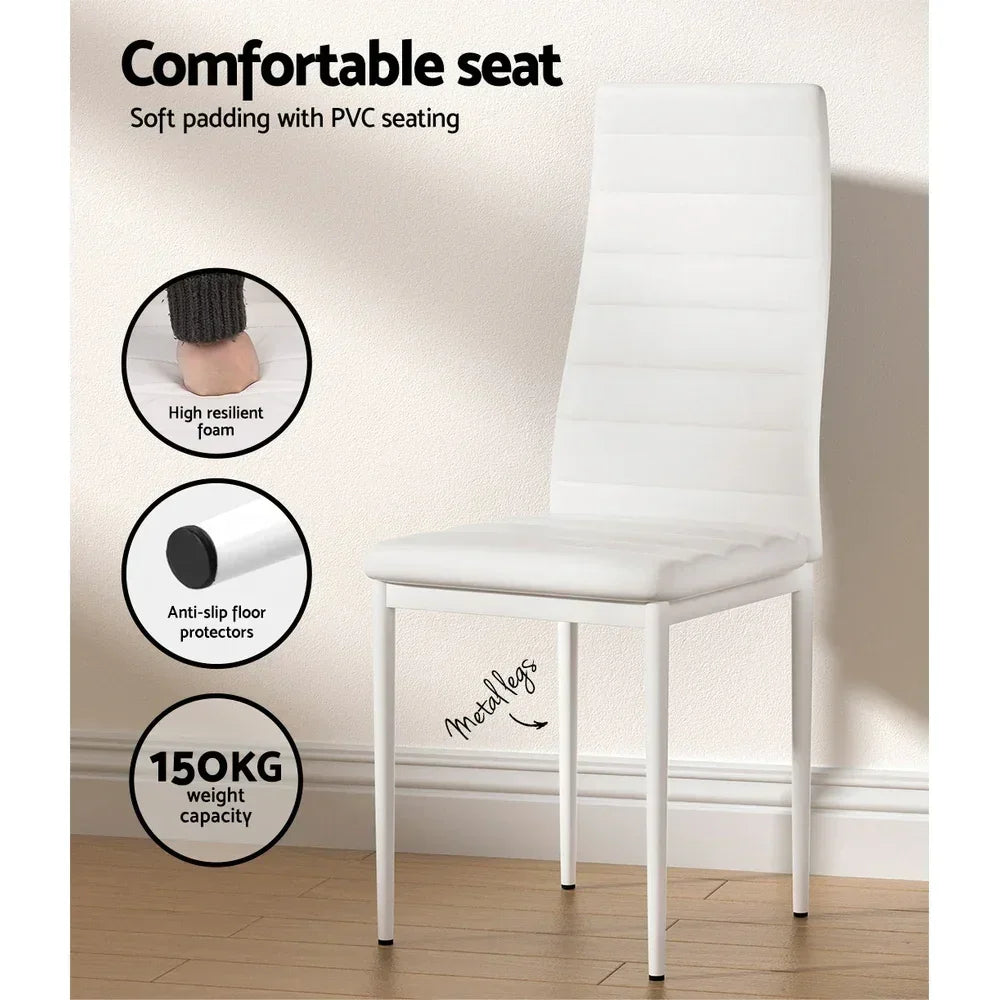 White PVC dining chair with metal legs, soft padded seat, anti-slip floor protectors, 150kg capacity