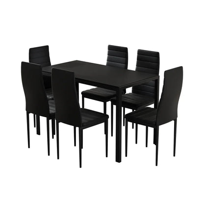 Modern black dining table set with six matching chairs, minimalist design, indoor furniture.