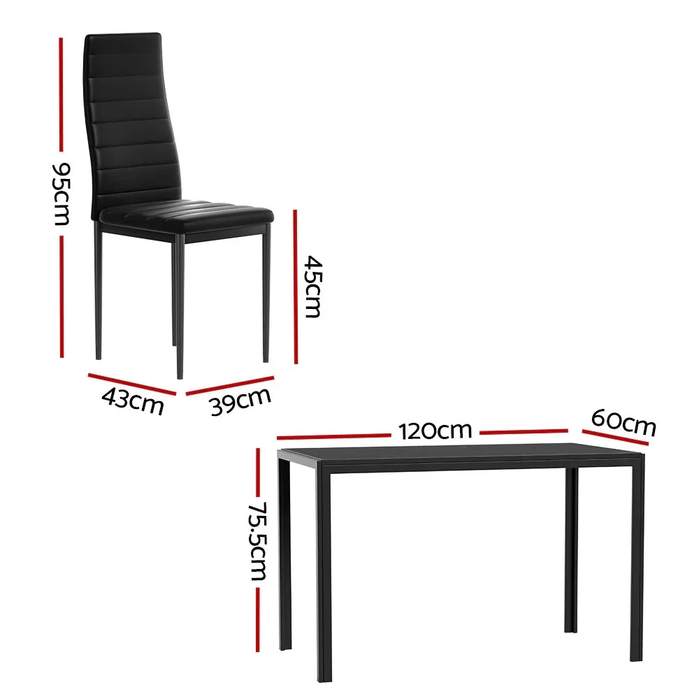 Black dining chair and rectangular dining table set with visible measurements in centimeters