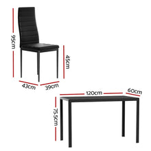 Black dining chair and rectangular dining table set with visible measurements in centimeters
