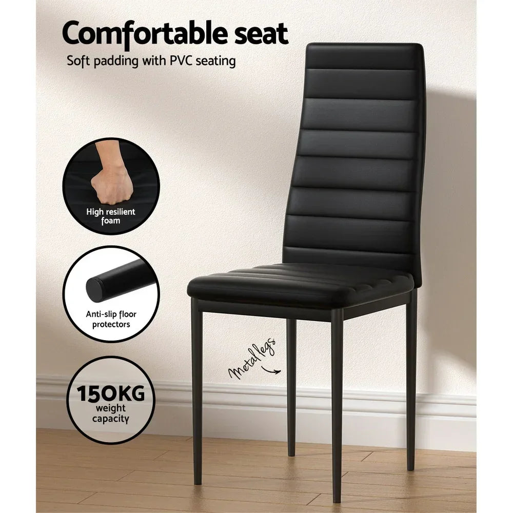 Black PVC dining chair with padded seat, metal legs, and anti-slip floor protectors.