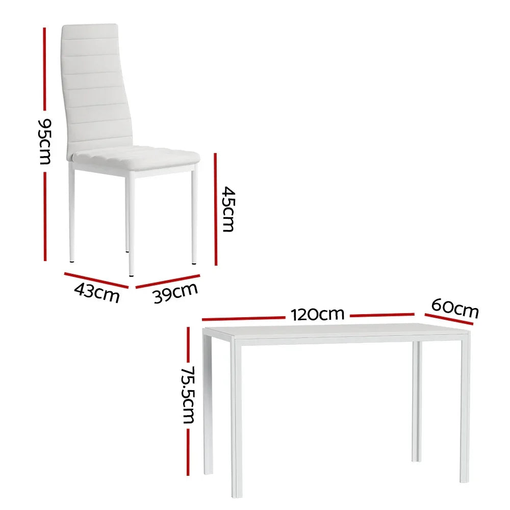 Modern white dining chair and table set with dimensions labeled in centimeters.