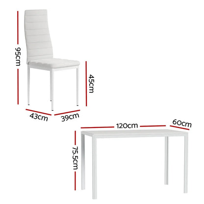 Modern white dining chair and table set with dimensions labeled in centimeters.