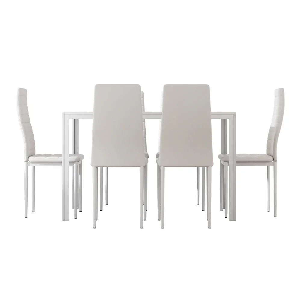 Modern white dining table set with four high-back chairs, minimalist dining room furniture