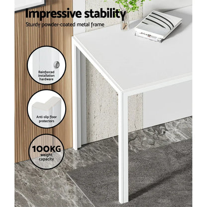 White dining table with sturdy metal frame, anti-slip protectors, and 100kg weight capacity