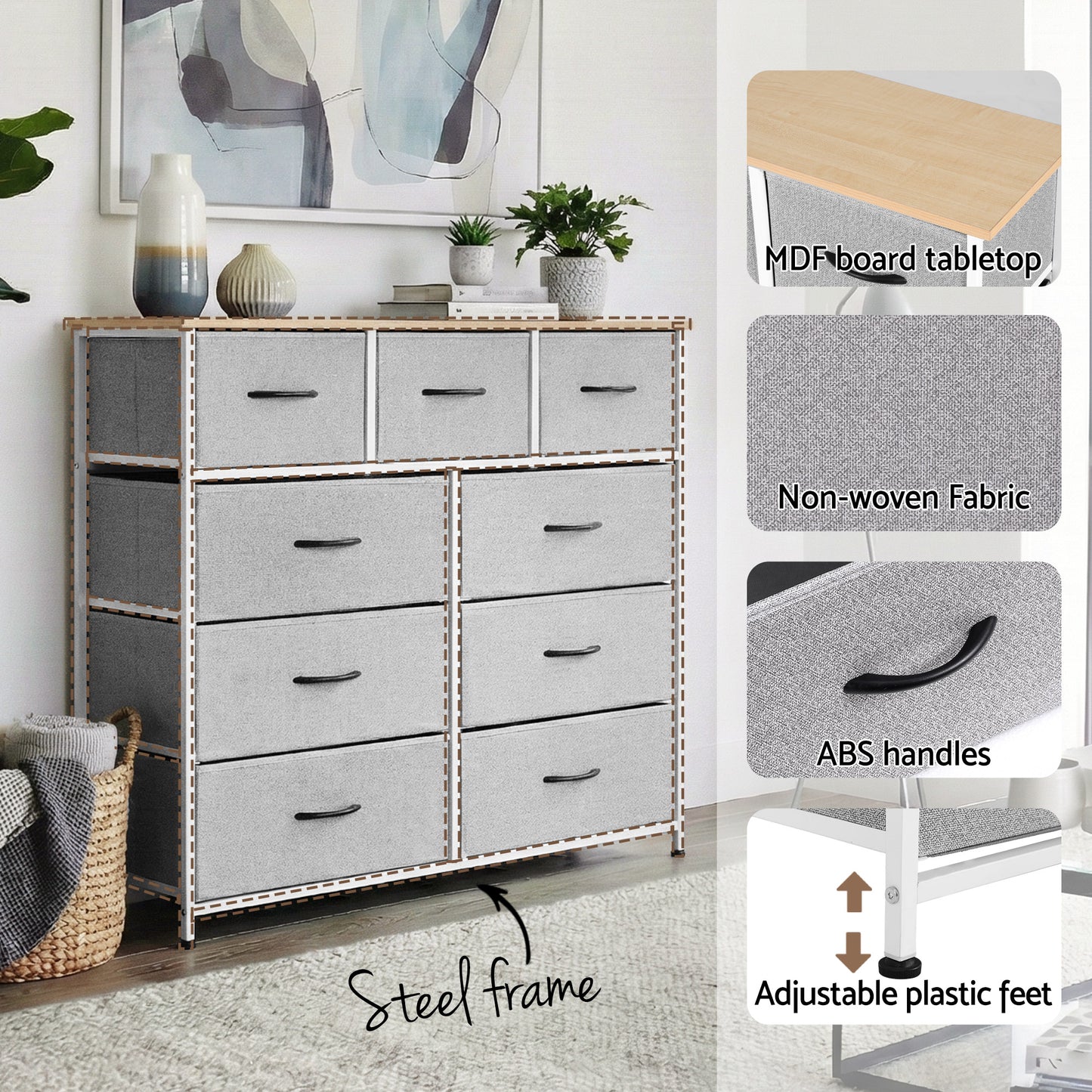 Artiss 9-Drawer Fabric Chest | Light Grey