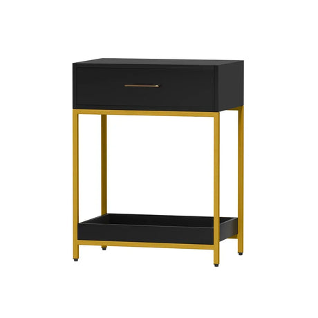 Modern black and gold side table with drawer and lower shelf, minimalist furniture design