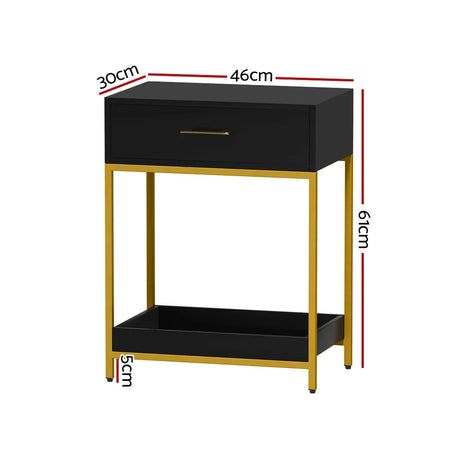 Black and gold bedside table with drawer, bottom shelf, and measurements shown