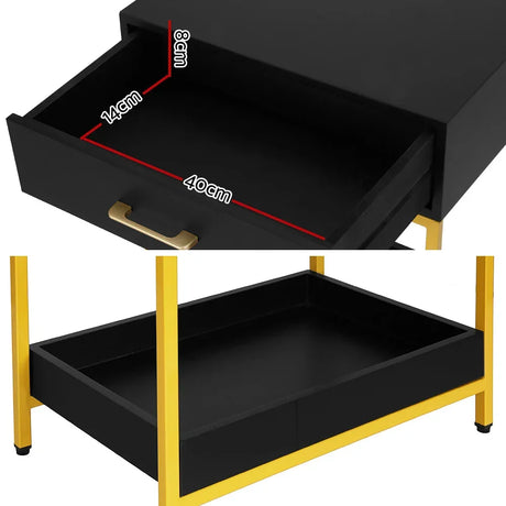 Black and gold storage table with open drawer, showing internal measurements in centimeters