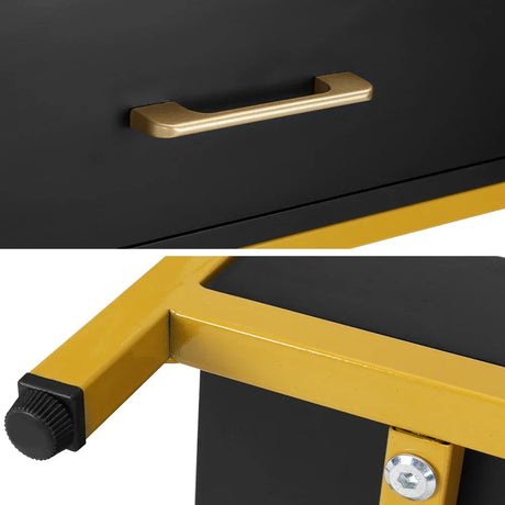 Close-up of black and gold storage cabinet details with metallic handle and frame
