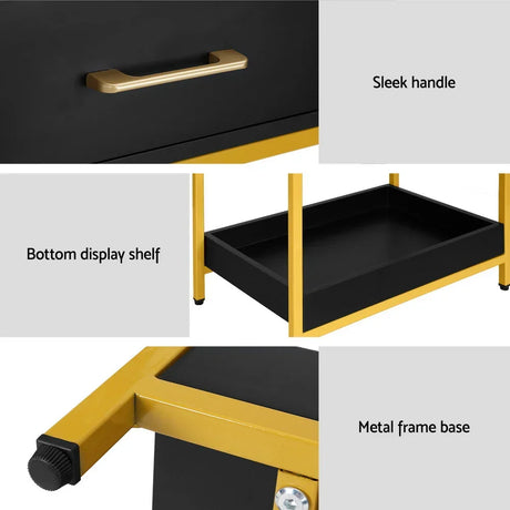 Modern side table features a sleek gold handle, black bottom display shelf, and sturdy metal frame base.
