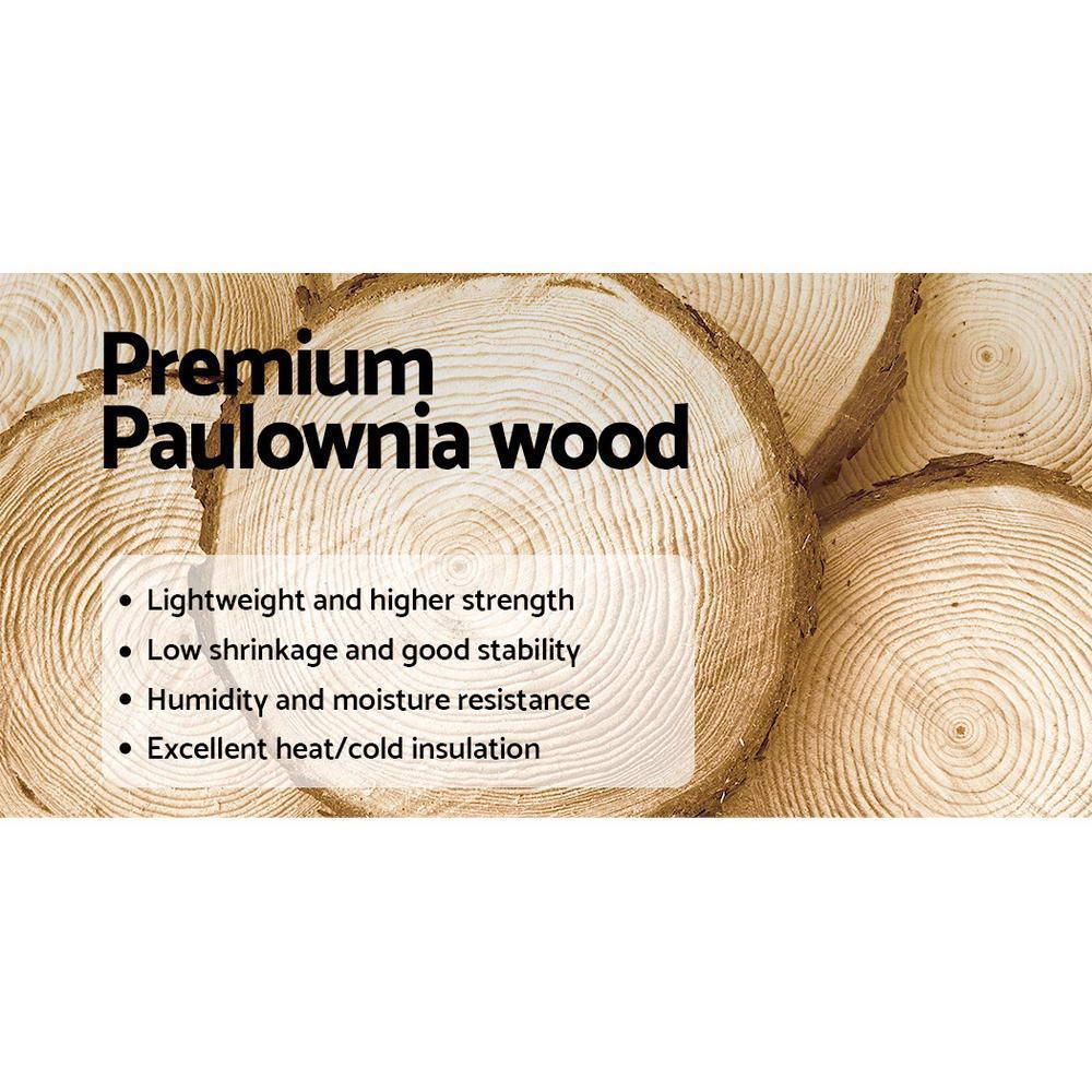 Close-up of premium Paulownia wood logs with highlighted features: lightweight, strength, low shrinkage, stability, moisture resistance, and insulation.