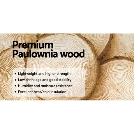 Close-up of premium Paulownia wood logs with highlighted features: lightweight, strength, low shrinkage, stability, moisture resistance, and insulation.