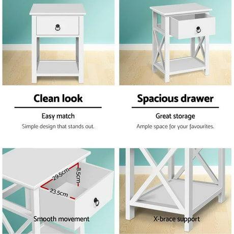 White bedside table with drawer, smooth movement, X-brace support, and clean modern design.