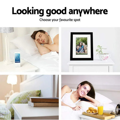 Bedroom decor ideas with alarm clock, framed photo, books, and breakfast on bedside table