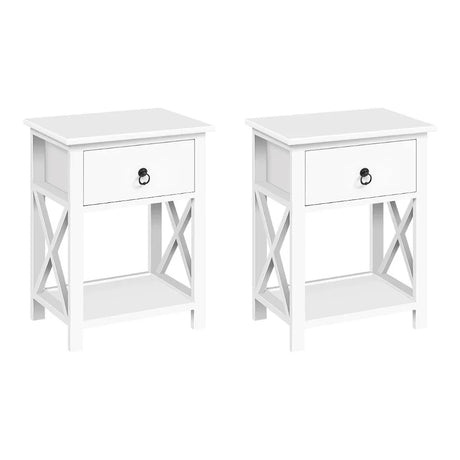 Pair of white wooden bedside tables with single drawer and open shelf, modern cross design