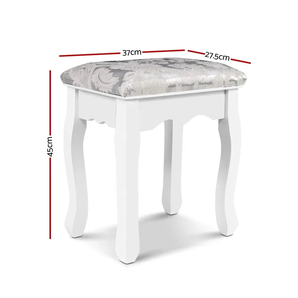 White vanity stool with floral cushioned seat, curved legs, and labeled dimensions 45x37x27.5cm