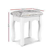 White vanity stool with floral cushioned seat, curved legs, and labeled dimensions 45x37x27.5cm