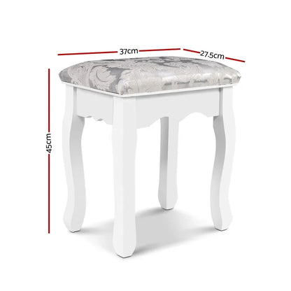 White vanity stool with floral cushioned seat, curved legs, and labeled dimensions 45x37x27.5cm