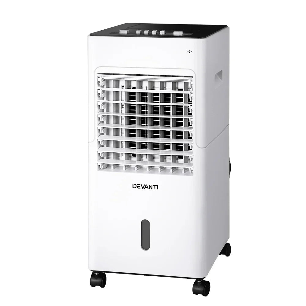 White portable evaporative air cooler with control panel and caster wheels