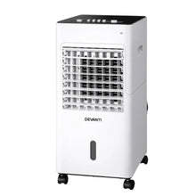 White portable evaporative air cooler with control panel and caster wheels