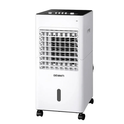 White portable evaporative air cooler with control panel and caster wheels