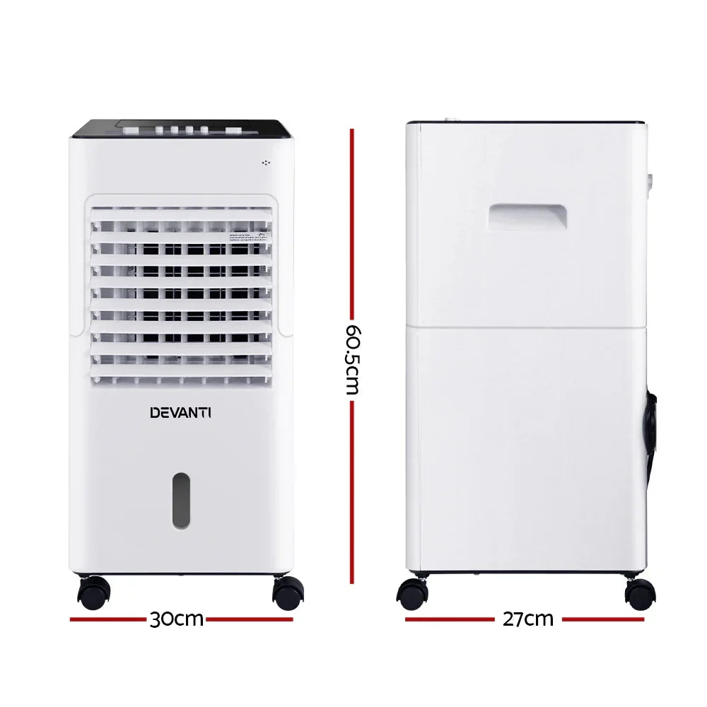 Portable air cooler with wheels, shown front and side, white, 60.5 x 30 x 27 cm