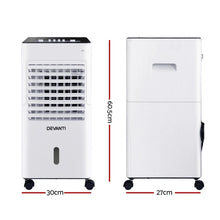 Portable air cooler with wheels, shown front and side, white, 60.5 x 30 x 27 cm
