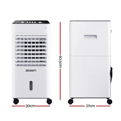 Portable air cooler with wheels, shown front and side, white, 60.5 x 30 x 27 cm