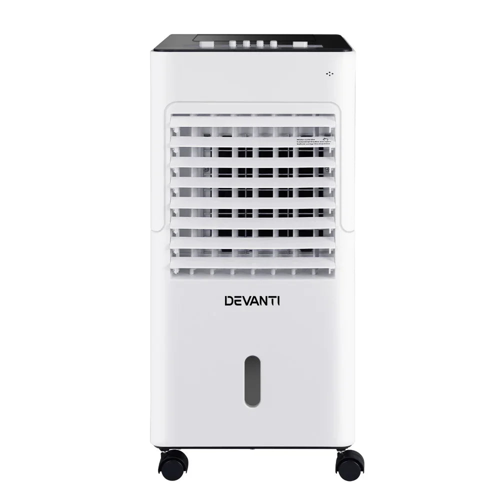White portable air cooler with front vents and control panel on top, on caster wheels