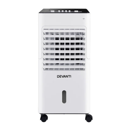 White portable air cooler with front vents and control panel on top, on caster wheels