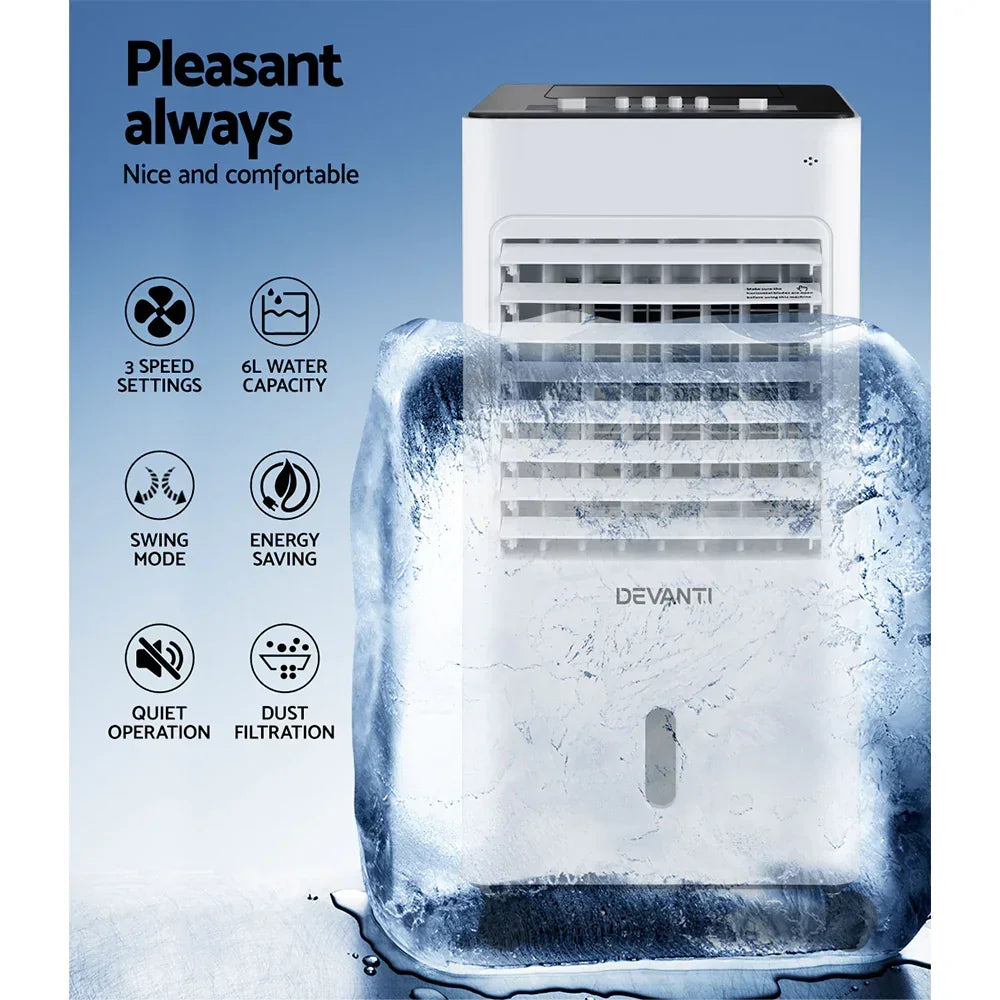 White portable air cooler with ice effect, showing key features like 3 speed settings and water tank.