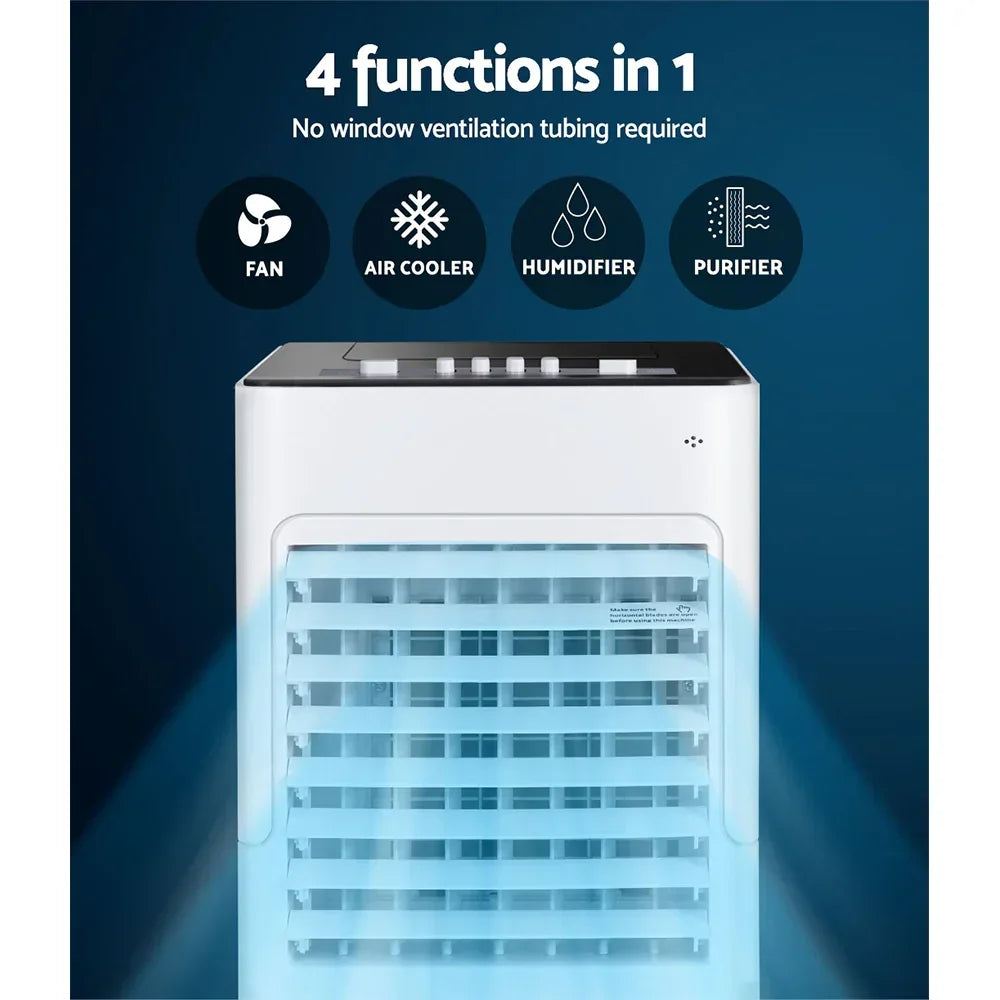 Multifunctional air cooler fan purifier humidifier with control panel and airflow, 4 in 1 appliance