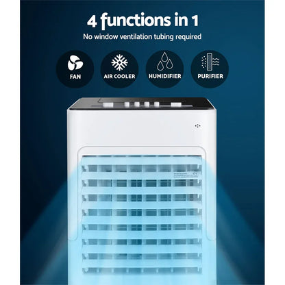 Multifunctional air cooler fan purifier humidifier with control panel and airflow, 4 in 1 appliance