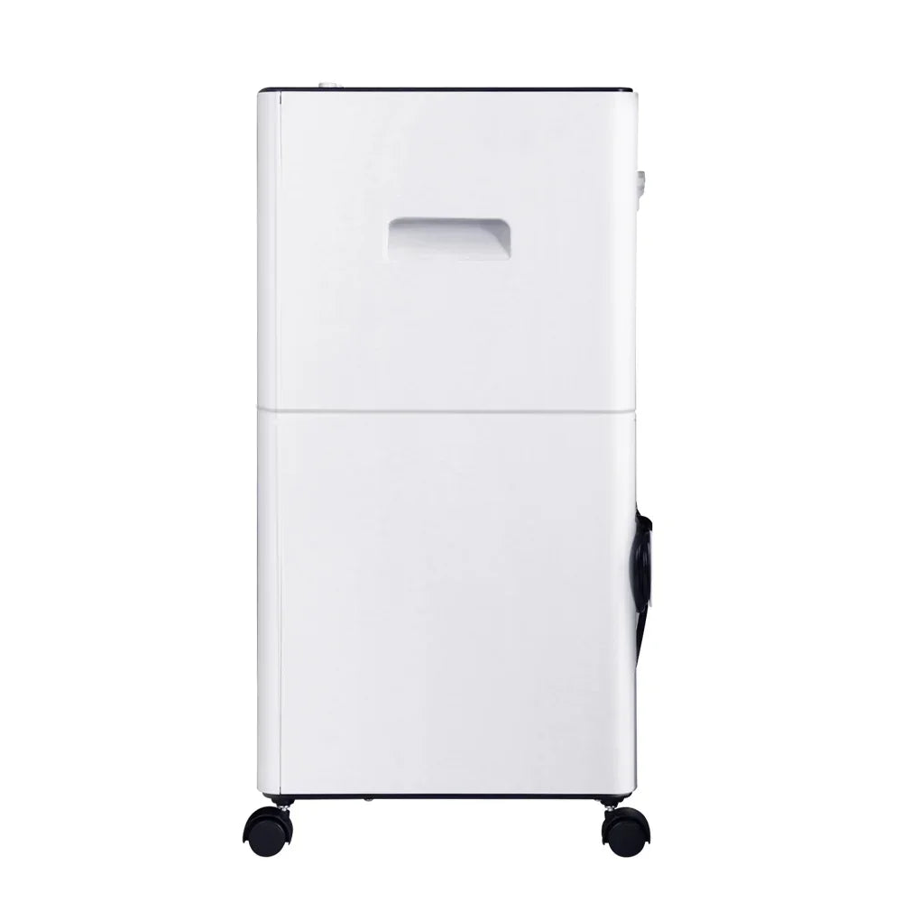 White portable dehumidifier with wheels on a plain background