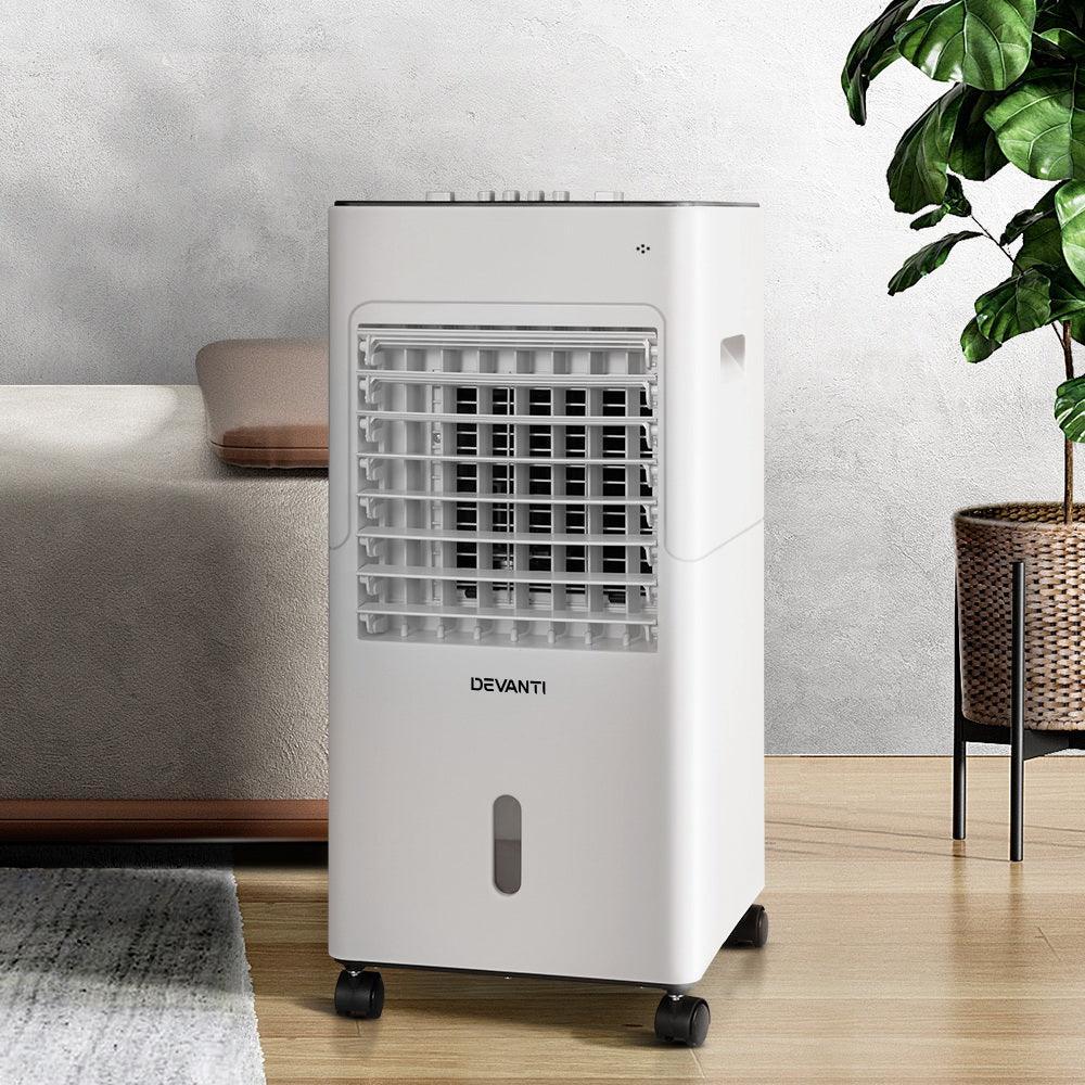 White portable air cooler on wheels in a modern living room setting
